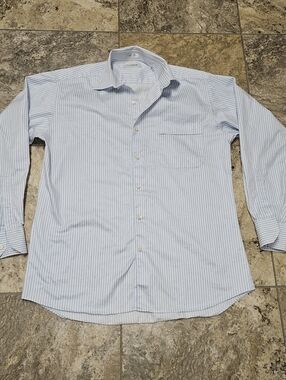 Beecroft & bull 2 fold cotton mens dress blue white striped button up shirt 15.5